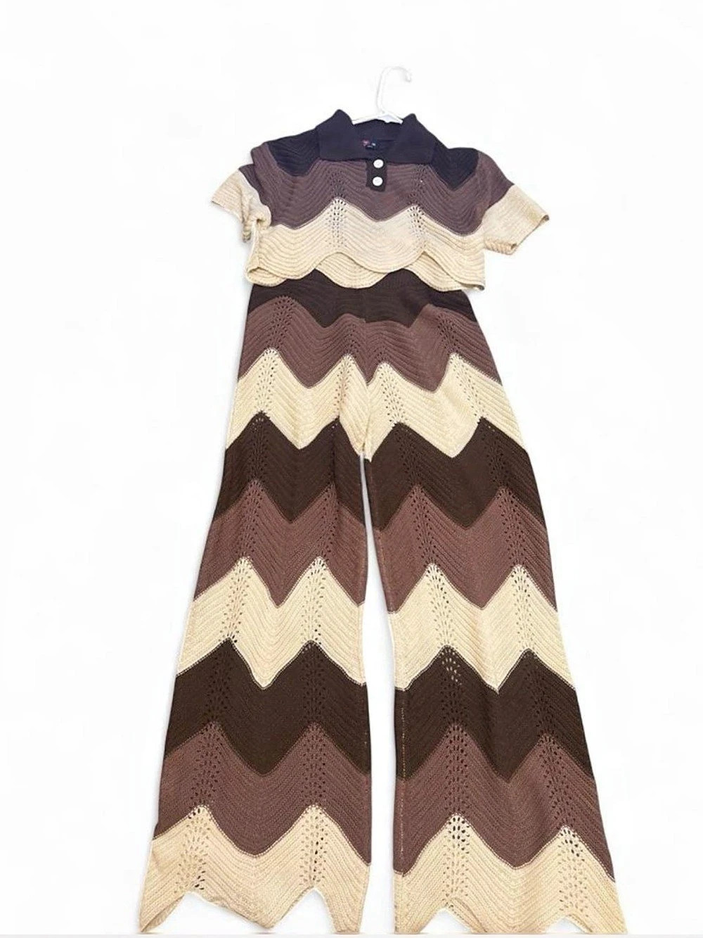 Lipsy Geometric Knit Jumpsuit in Brown & Cream